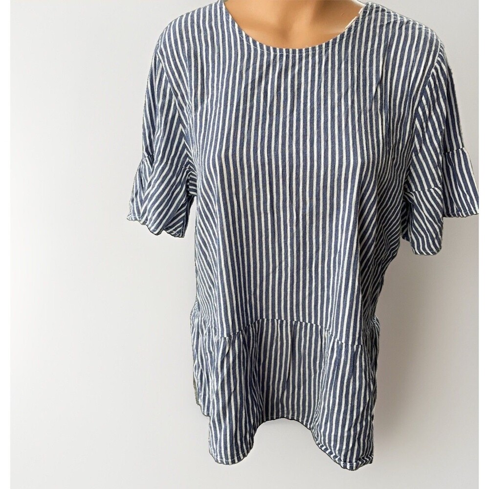 Pink Blush Blue Striped Strappy Blouse Size L Southern Preppy Ruffle